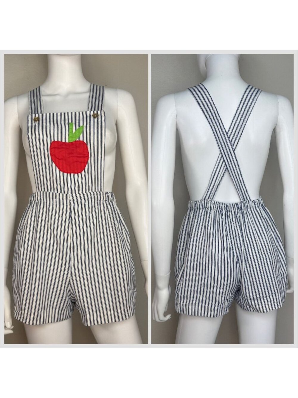 Vintage 1970s Striped Low Back Overall Shorts with Apple Appliqué, Shortalls, XS